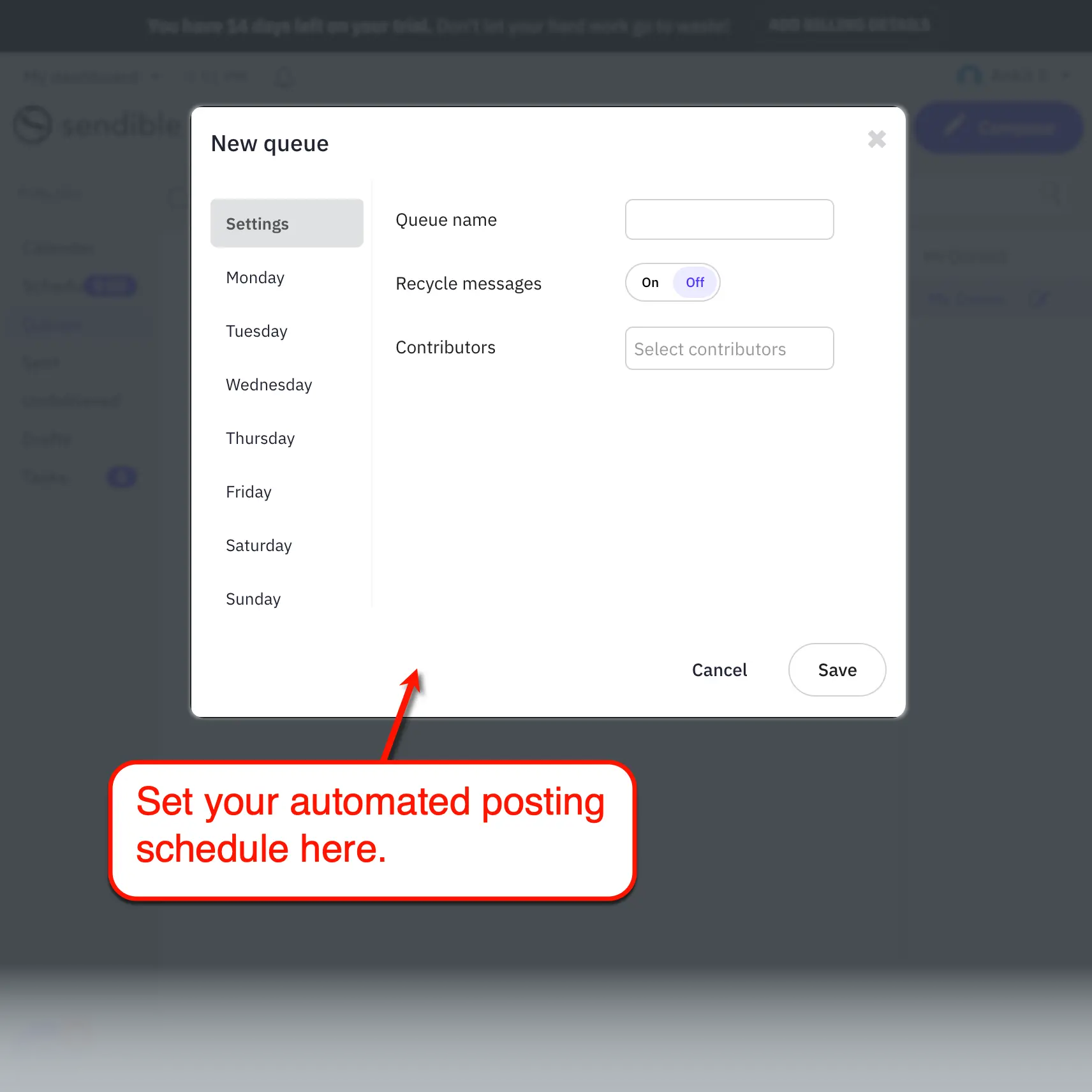 Sendible New queue window