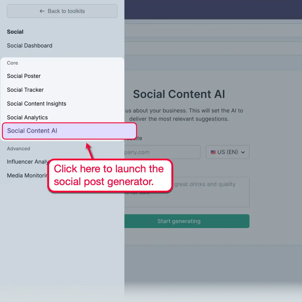 Social Content AI Menu