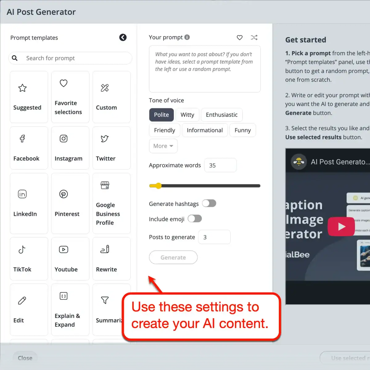 SocialBee Social Post Generator Settings