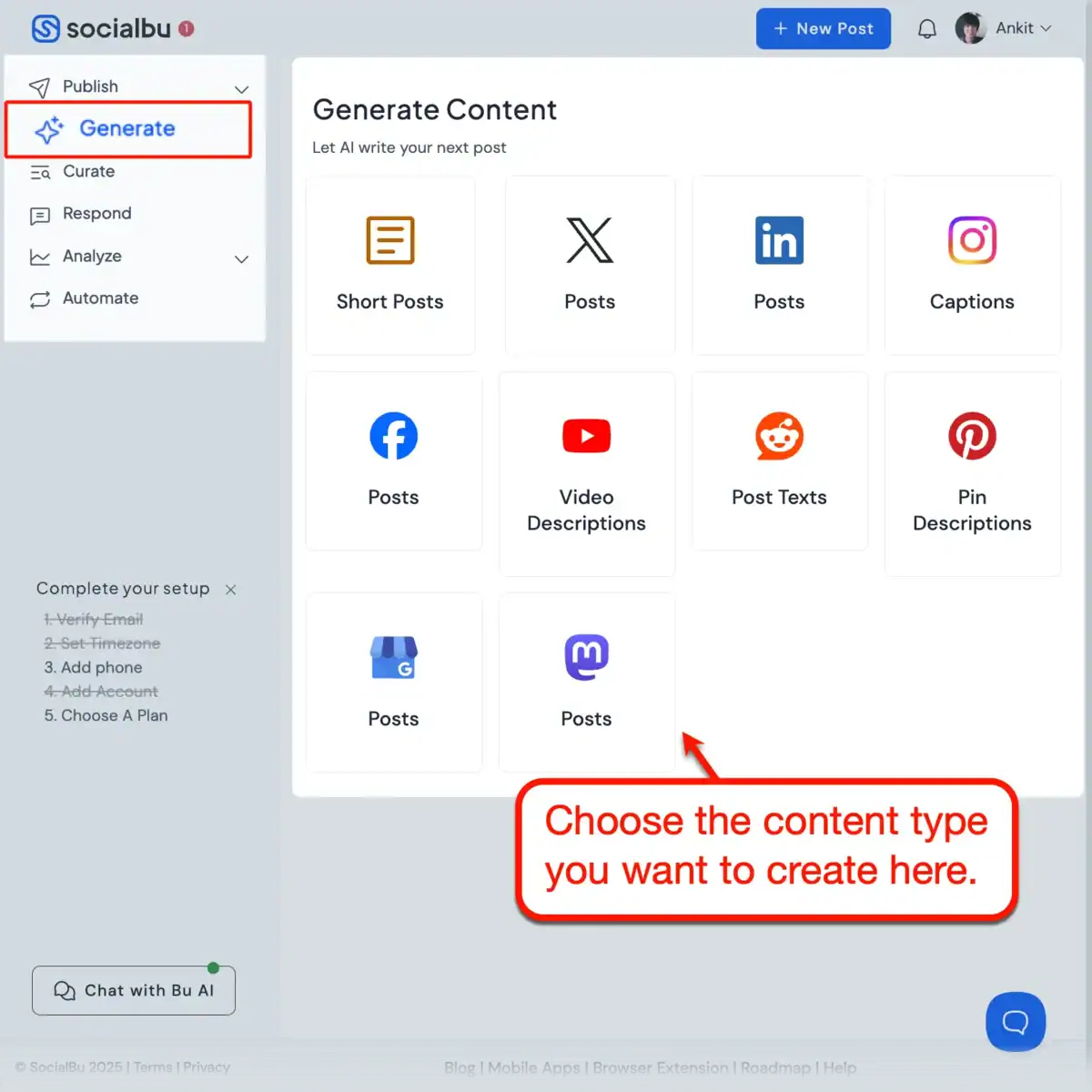 SocialBu Generate Content Menu