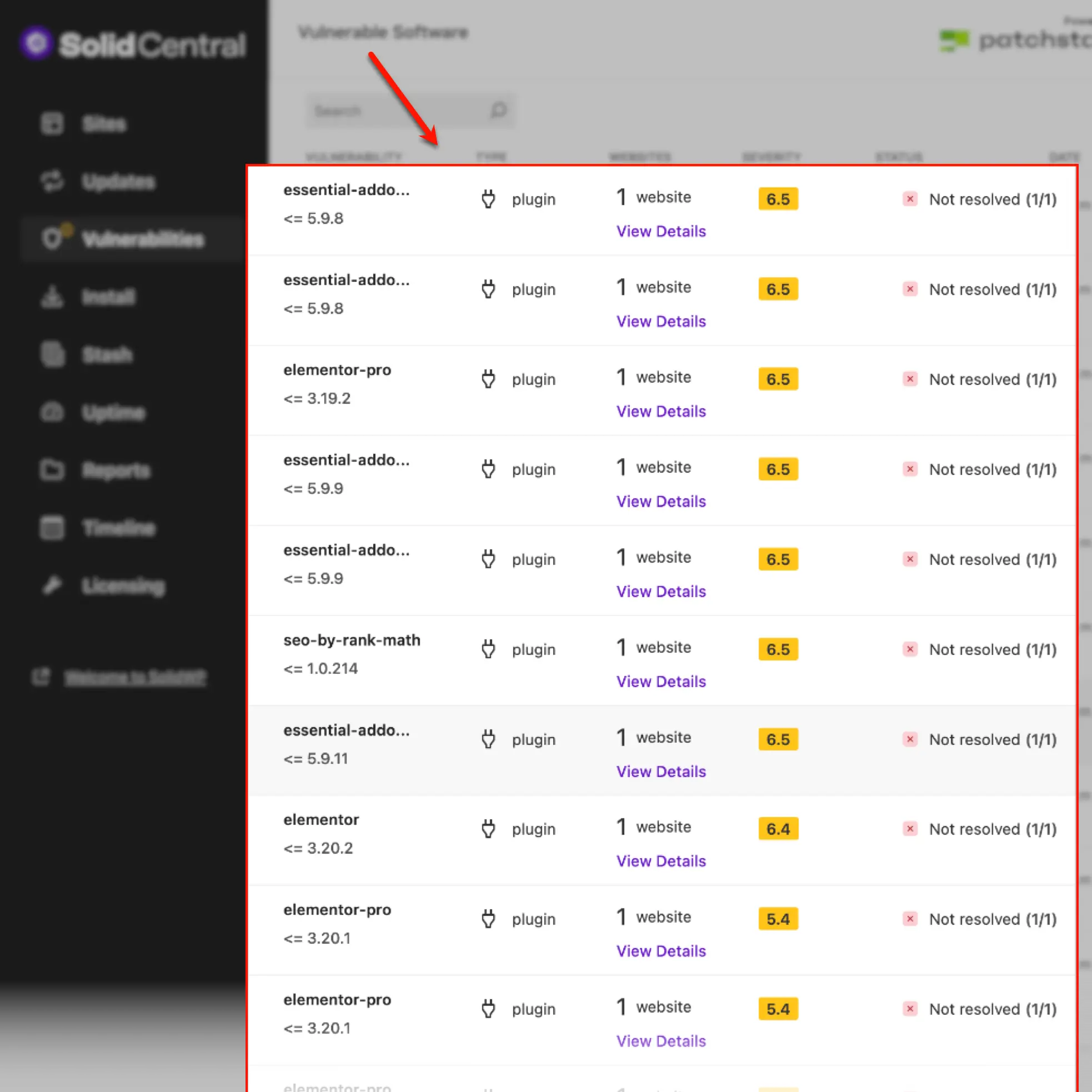 Solid Central Vulnerabilities Page