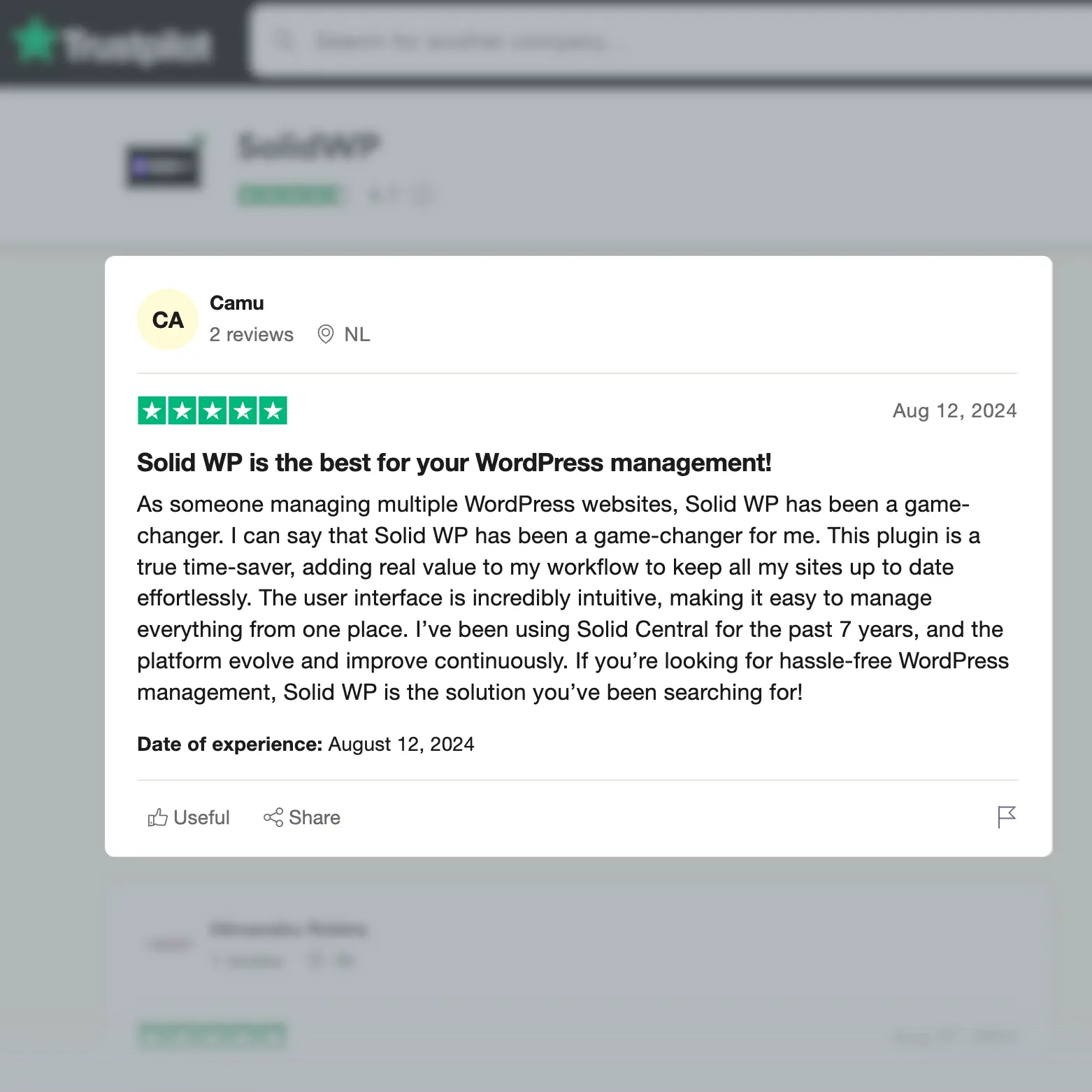 Review of SolidWP on TrustPilot