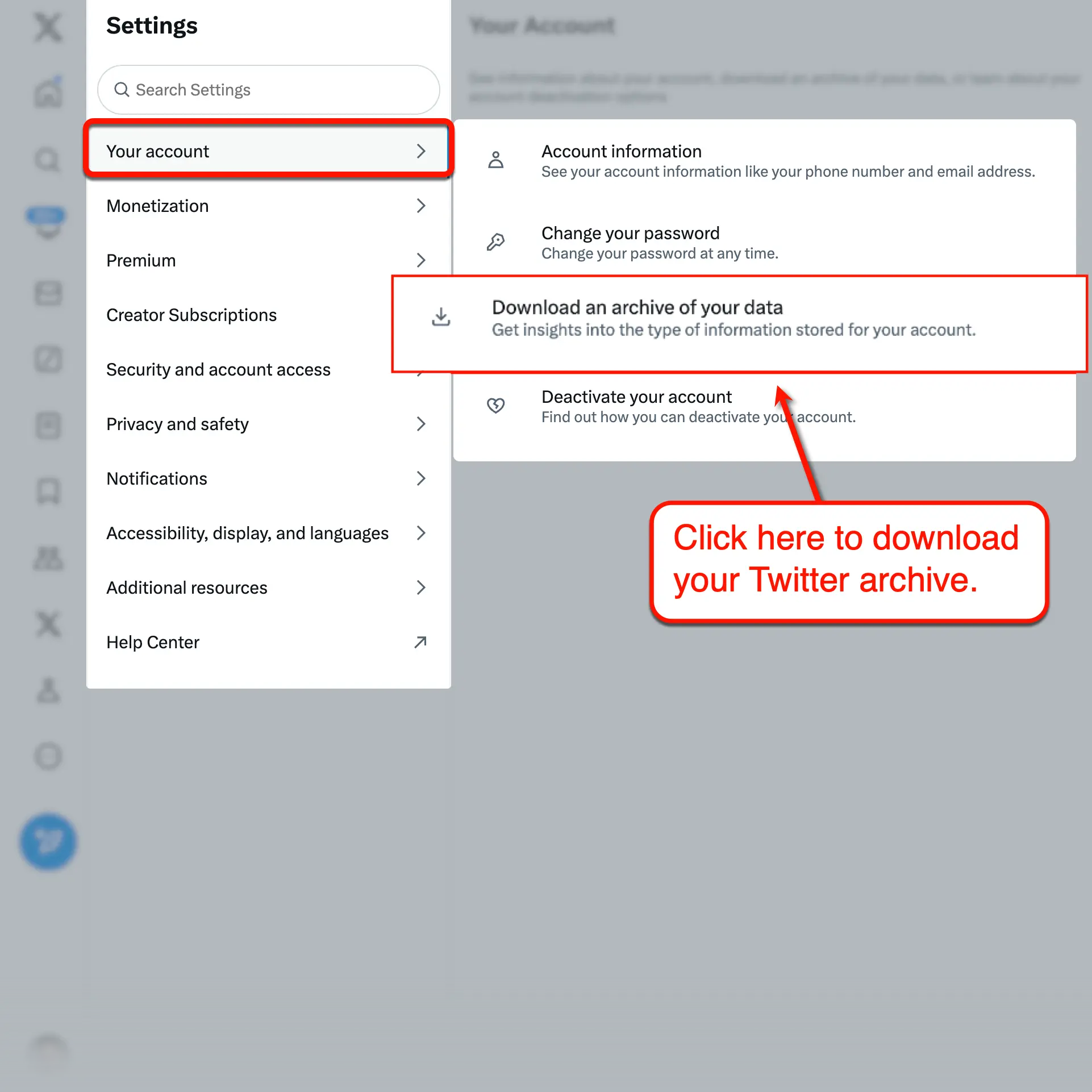 Twitter download archive button