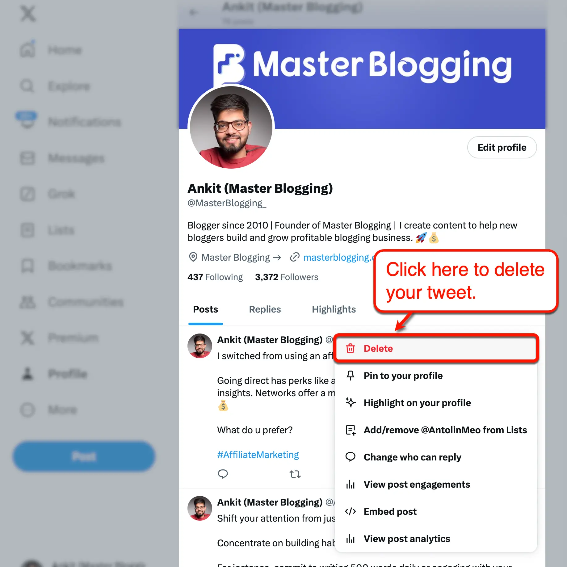 Delete button on Twitter