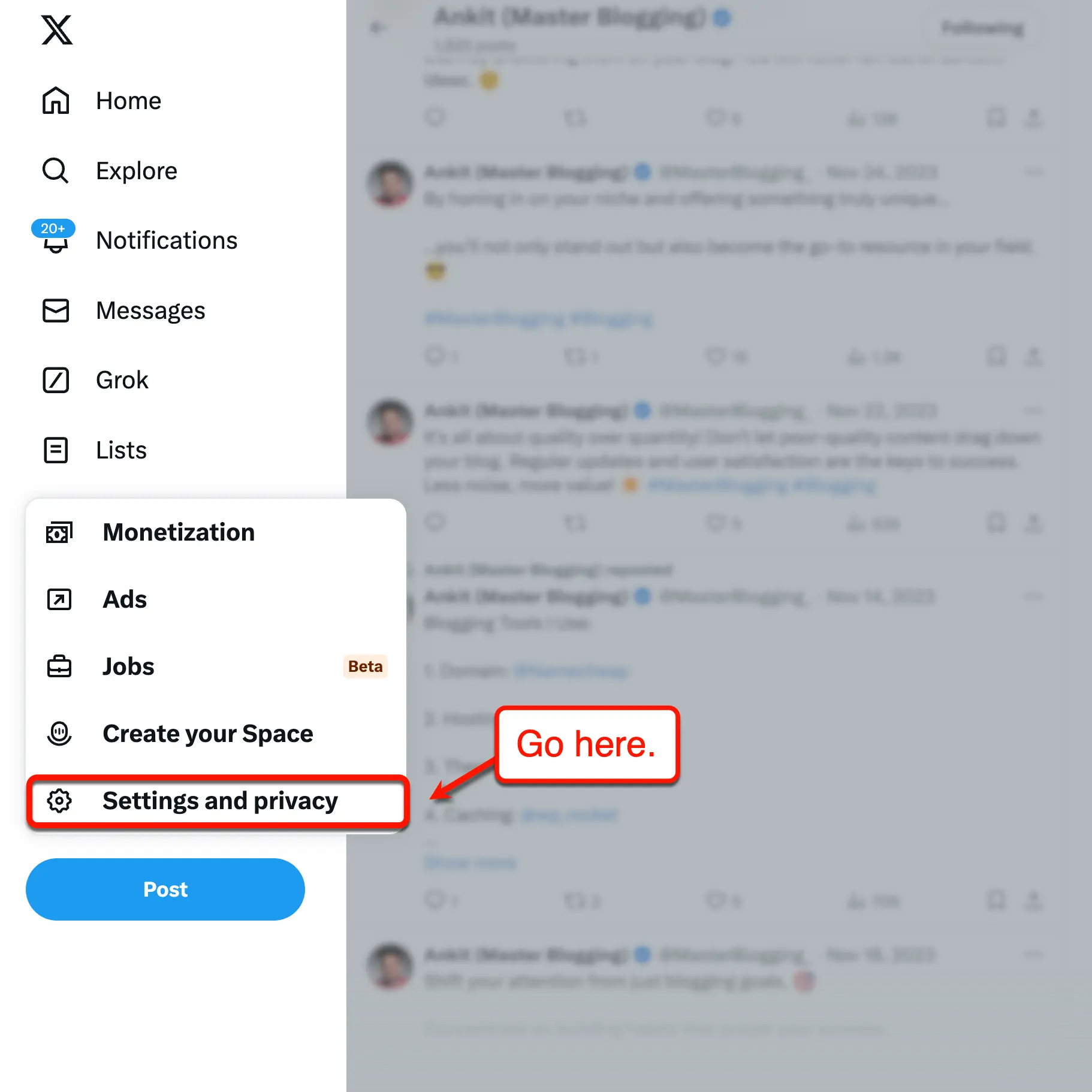 Twitter Settings and privacy button